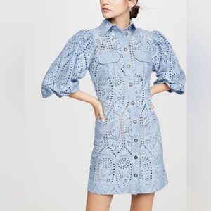 Ganni Blue Buttoned Ruffled Eyelet Dress